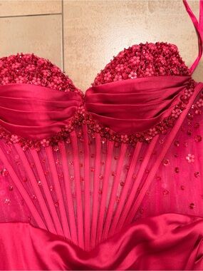Fuchsia Satin Beaded Bustier Prom Dress